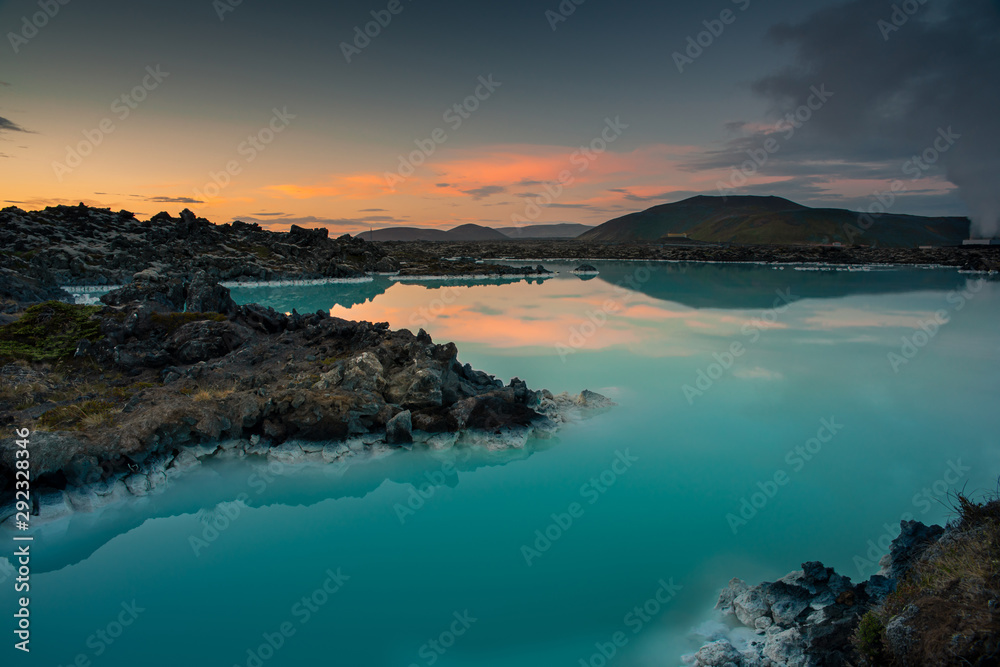 Blue lagoon geothermal spa in Iceland at the sunset.
