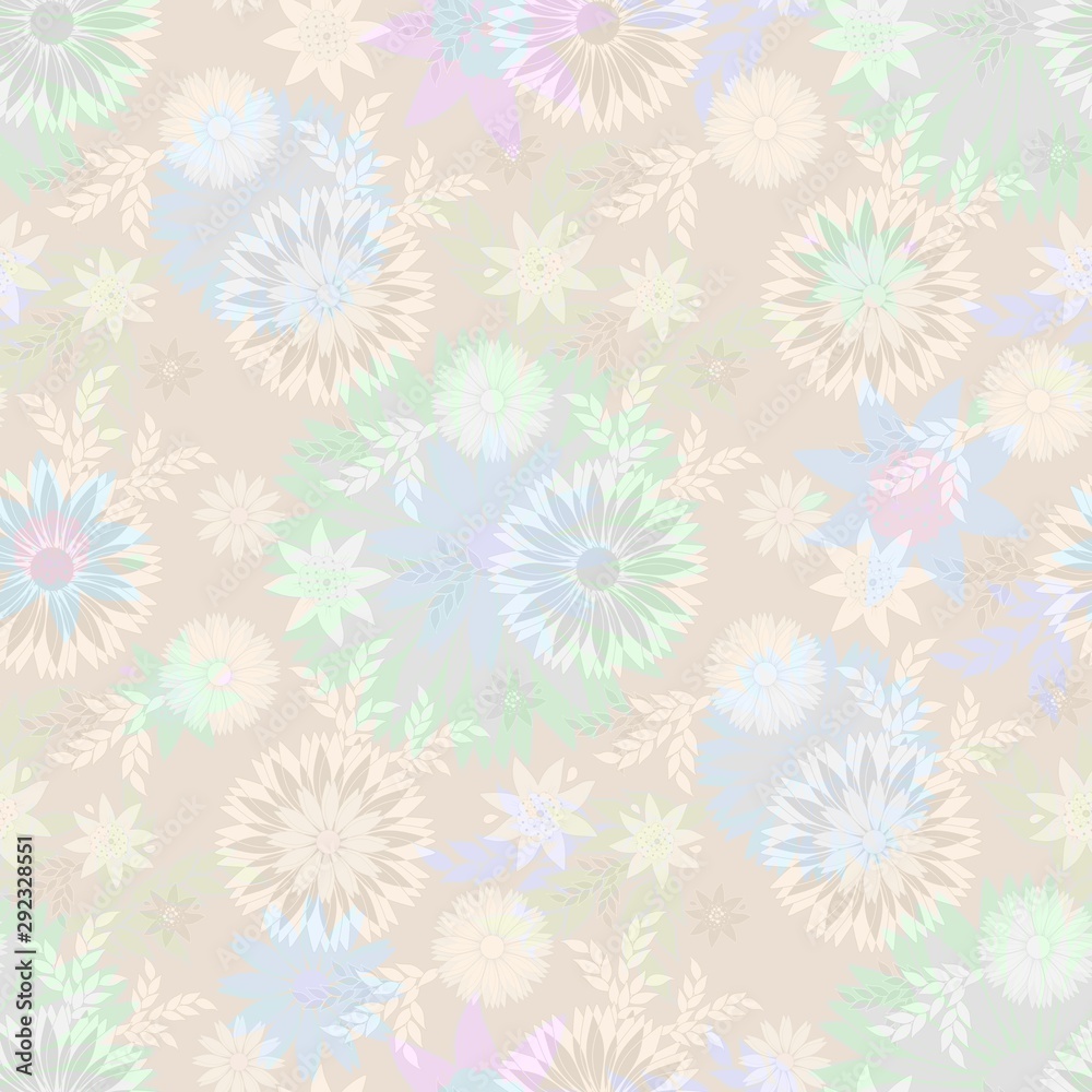 Abstract cornflowers and daisies seamless pattern in gentle multi-colored shades. Abstract cornflowers and daisies seamless pattern in gentle multi-colored shades.