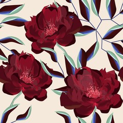 Wandcirkels Bordeaux patronen Bordeaux pioenrozen op beige achtergrond  © Яна Титова