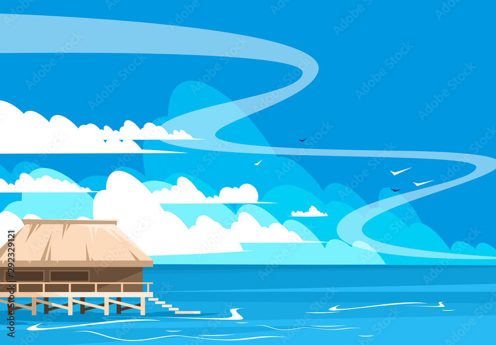 Vector illustration of a landscape of a wooden house standing on the water, sea landscape with clouds