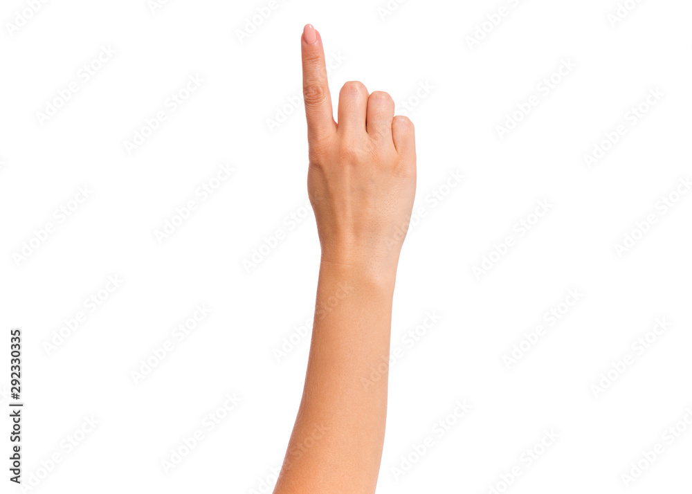 Female hand showing 1 finger gesture, isolated on white background. Beautiful hand of woman with copy space. Hand doing gesture of number One. Series of photos count from 1 to 5. Female hand showing 1 finger gesture, isolated on white background. Beautiful hand of woman with copy space. Hand doing gesture of number One. Series of photos count from 1 to 5.