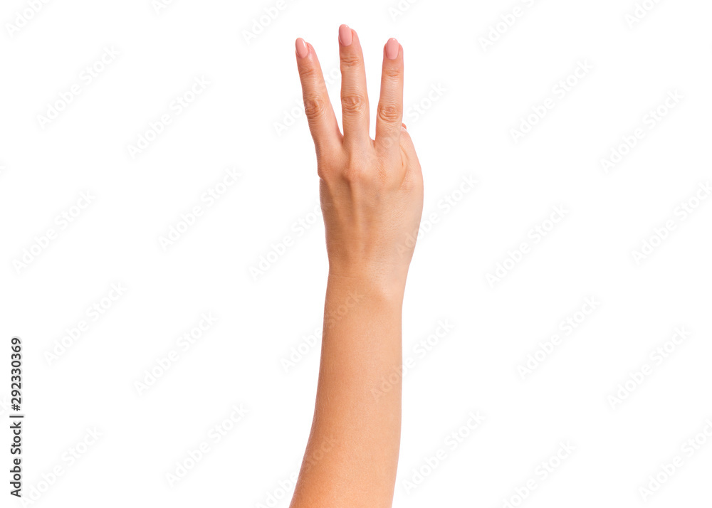 Female hand showing 3 fingers gesture, isolated on white background. Beautiful hand of woman with copy space. Hand doing gesture of number Three. Series of photos count from 1 to 5. Female hand showing 3 fingers gesture, isolated on white background. Beautiful hand of woman with copy space. Hand doing gesture of number Three. Series of photos count from 1 to 5.