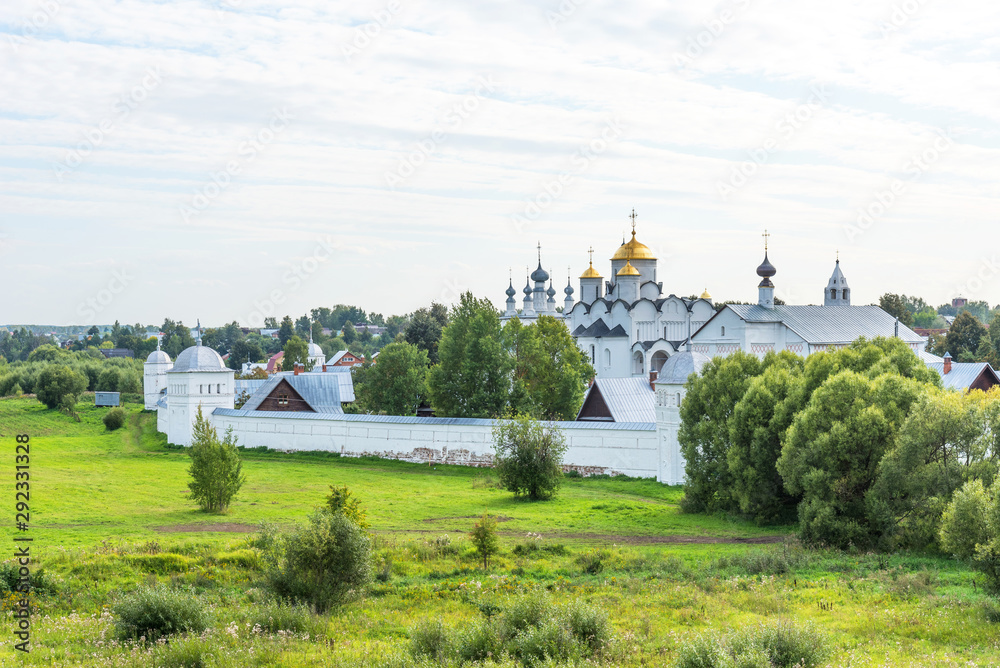 Picturesque summer view of medieval Intercession (Pokrovsky) Monastery in Suzdal.The Golden Ring of Russia.