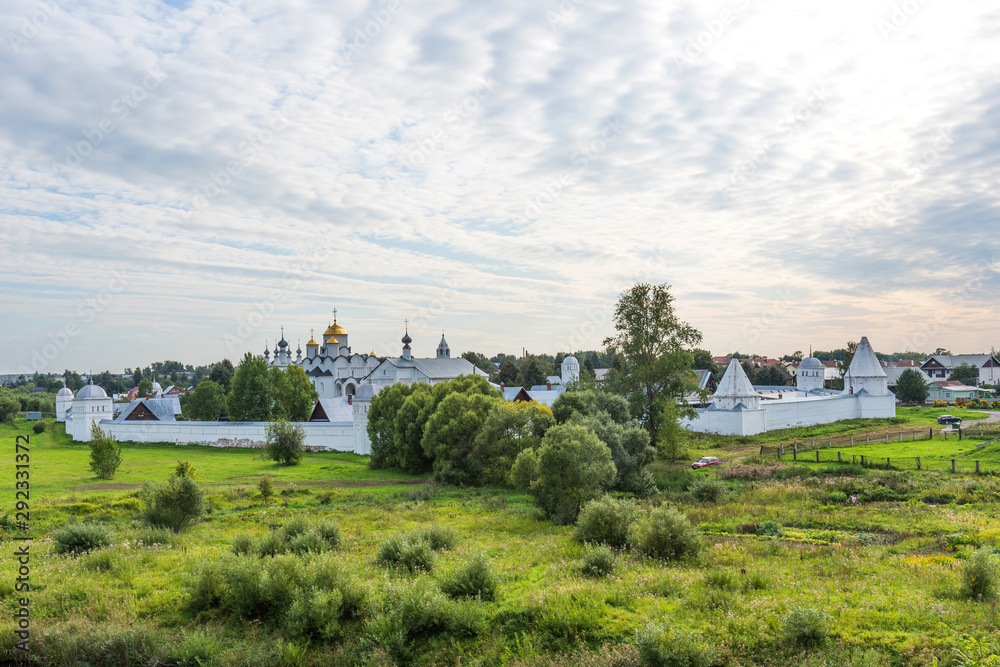 Picturesque summer view of medieval Intercession (Pokrovsky) Monastery in Suzdal.The Golden Ring of Russia.