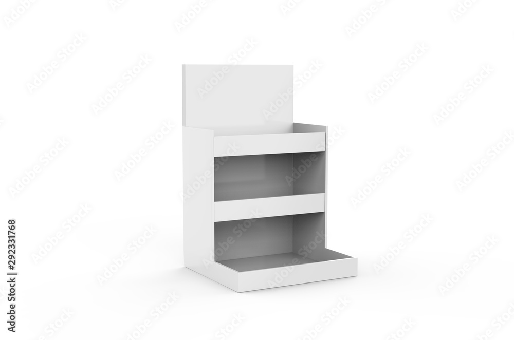 Display cardboard counter shelf holder box, POS POI blank empty mock Up template on isolated white background, 3d illustration