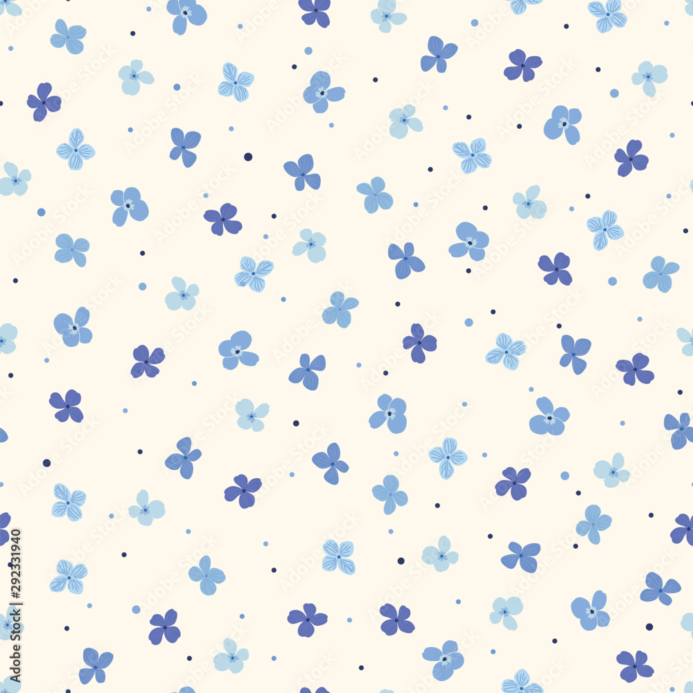 Seamless pattern with simple blue flowers and small dots