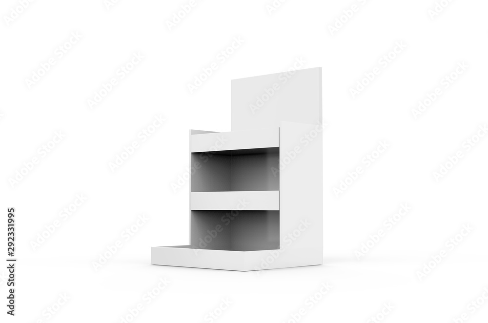 Display cardboard counter shelf holder box, POS POI blank empty mock Up template on isolated white background, 3d illustration Display cardboard counter shelf holder box, POS POI blank empty mock Up template on isolated white background, 3d illustration
