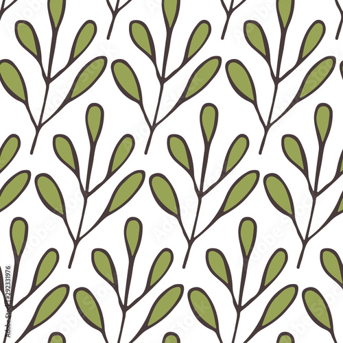 Seamless background pattern with leaf, plants, flowers, berries. Hand draw botanic vector stock illustration, EPS 10.