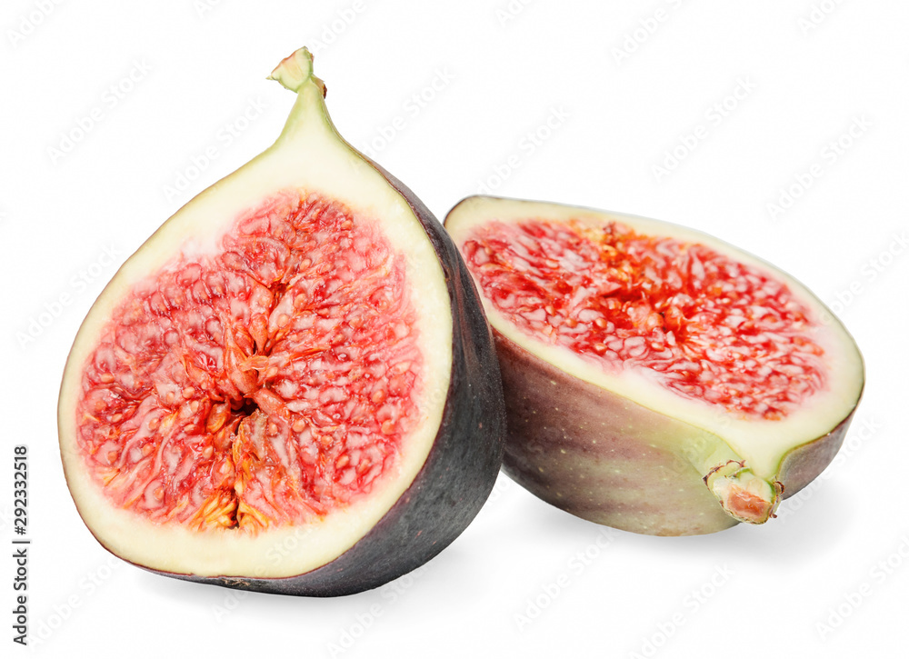 Two halves of fresh ripe figs isolated on a white background. Side view. Natural realistic color. Good texture.