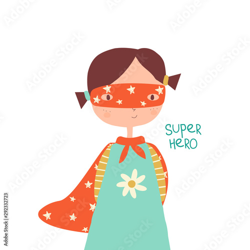 Little girl super hero. Funny kids print. Vector hand drawn illustration.