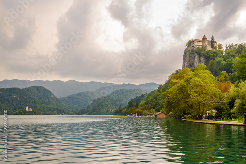 View at the Lake of Bled with Bled Castle and Church of Assumption of Mary in background  Slovenia