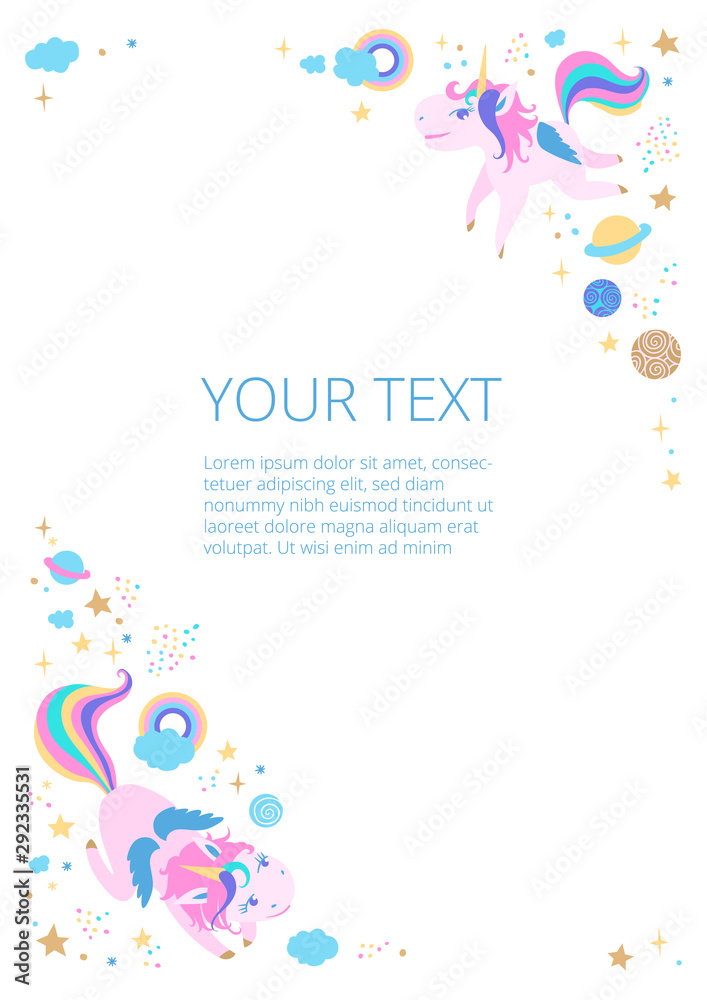 Template for announcement, letter, congratulation, invitation, notice or page, vector Magical Unicorns as a cartoon characters with symbols and objects. Cute picture for decorative corners Template for announcement, letter, congratulation, invitation, notice or page, vector Magical Unicorns as a cartoon characters with symbols and objects. Cute picture for decorative corners