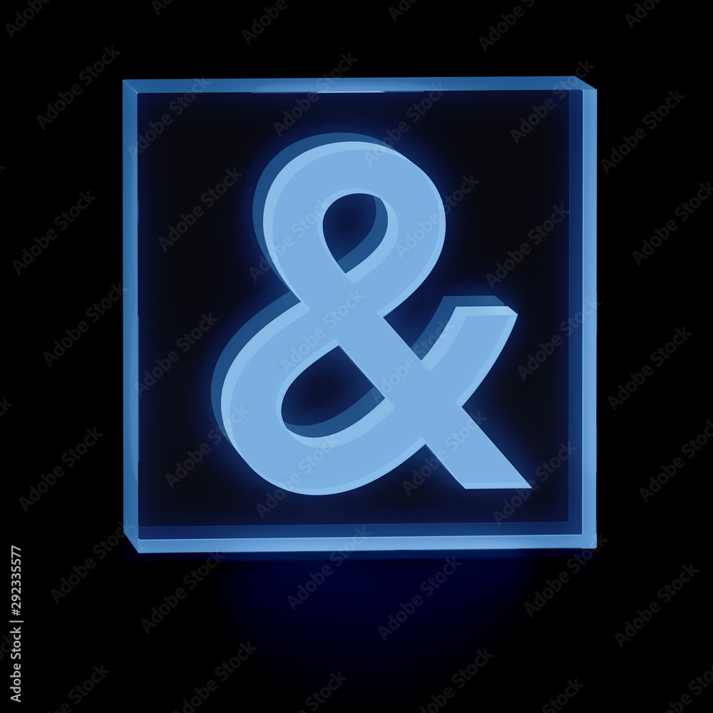 Clear transparent glass or plexiglass display with luminous ampersand or and symbol inside on dark background for interior decoration, 3D rendered image Clear transparent glass or plexiglass display with luminous ampersand or and symbol inside on dark background for interior decoration, 3D rendered image