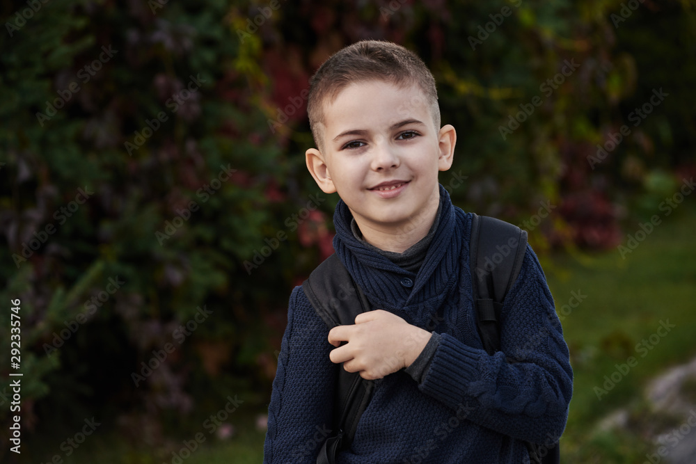Fototapeta premium A boy with a suitcase is on the road on a journey, preparing for the trip