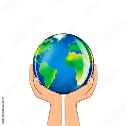 delicate glass planet in human hands isolated on a white background square vector illustration