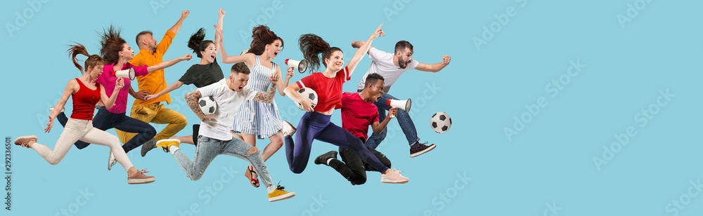 Beautiful male and female portrait on blue backgroud. Smiling, surprised, screaming. Human emotions, facial expression, sport fans. Creative collage made of different photos of 9 models. - obrazy, fototapety, plakaty 