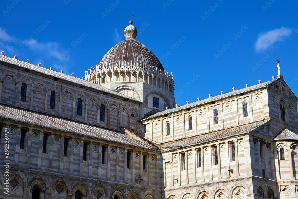 View of the Pisa Cathedral Santa Maria Assunta on the Square of Miracles Piazza dei Miracoli complex near the Leaning Tower of Pisa in Tuscany, Central Italy.