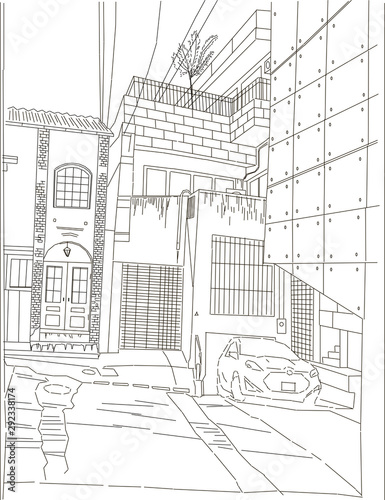 Tokyo courtyard, color vector illustration, car in old yard japan manga style background line drawing photo