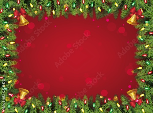 Red and green Christmas background - decorated pine tree branches rectangle frame