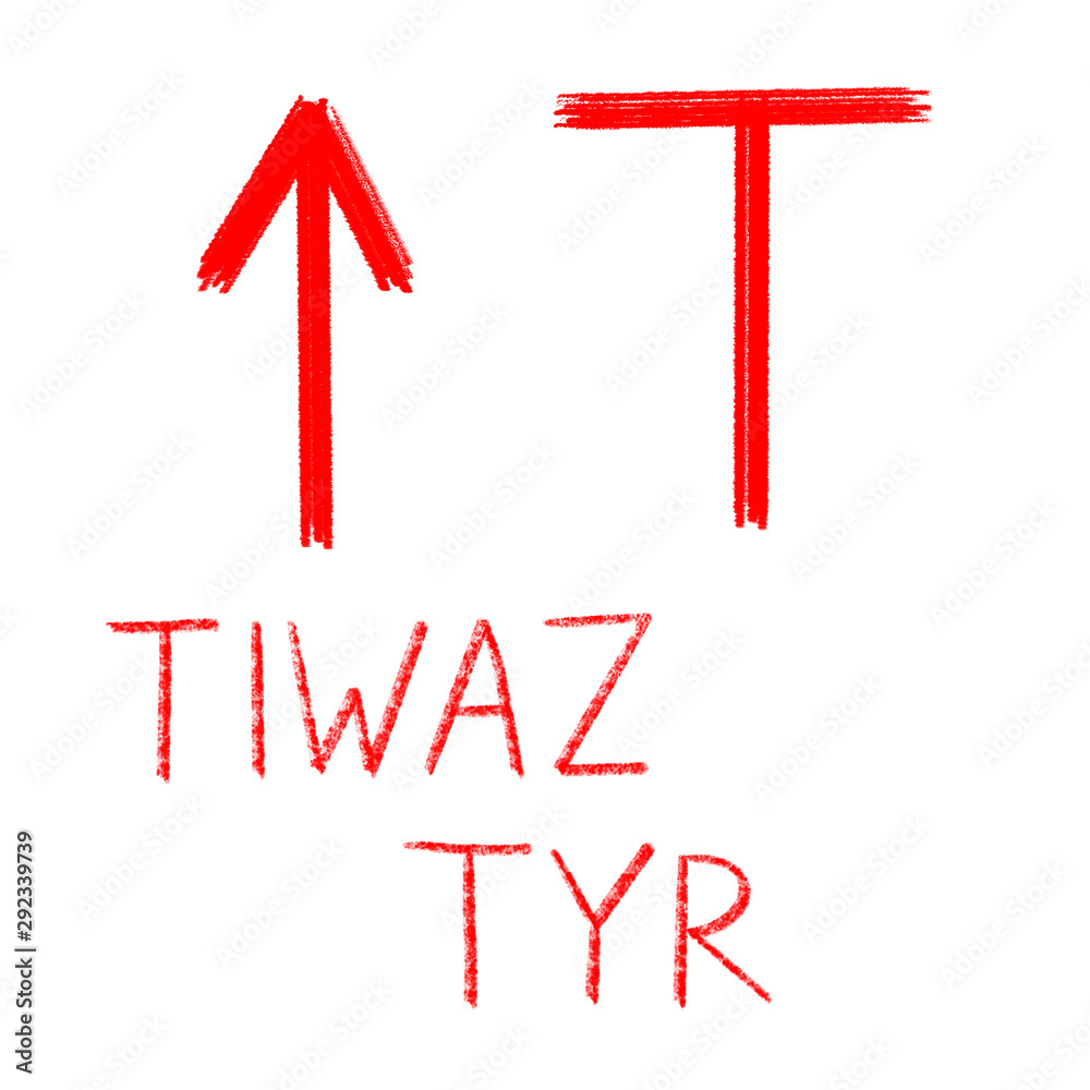 Illustrazione Stock Set of ancient runes. Versions of Tiwaz rune with  German, English and Old Scandinavian titles. Rune Tiwaz, Tyr is symbol of  warrior, power, strength and achievement. Senior futark. Ancient occult