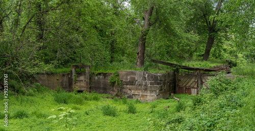 Abandoned lock surrounded by trees in the forest