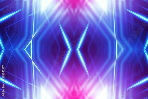 Dark abstract futuristic background. Neon lines glow. Neon lines  shapes. Pink-blue glow. Empty Stage Background