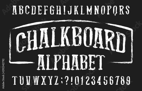 Chalkboard alphabet font. Hand drawn condensed messy letters and numbers. Stock vector typeface.