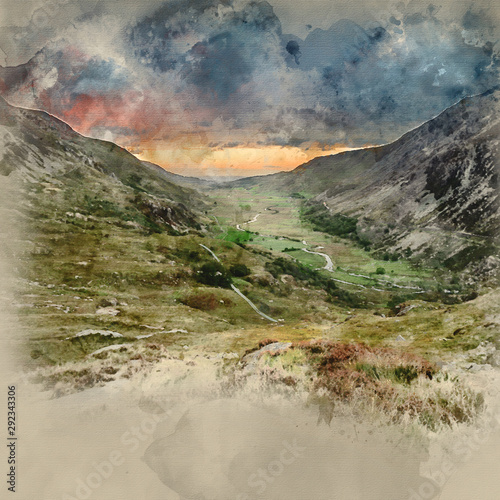 Digital watercolor painting of Beautiful dramatic landscape image of Nant Francon valley in Snowdonia during sunset in Autumn photo