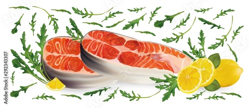 Salmon fish raw steaks with green rucola and lemon. Red fish, delicacy. Fillet, steak of fresh salmon. Salad and seafood. 3D vector illustration isolated on white background.