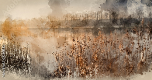 Digital watercolor painting of Landscape of lake in mist with sun glow at sunrise © veneratio