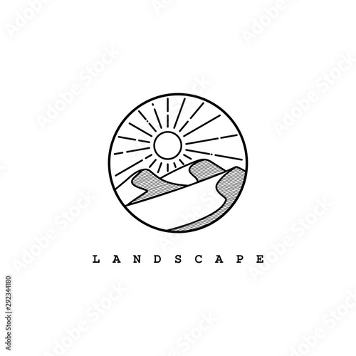 Desert logo design template.Mountain hill with sunshine illustration