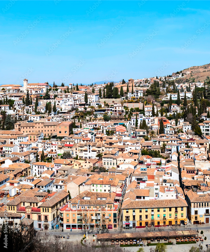 Aerial view of Granada to the river Darro surrounded by buildings in the south of Spain