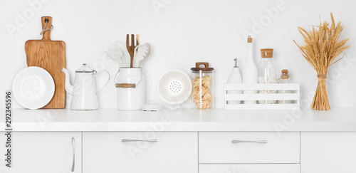 Front view on kitchen counter with baking utensils and ingredients