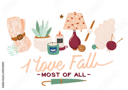 Cute illustration with autumn and winter cozy elements. Isolated on white background. Motivational typography of holidays hygge quotes. Scandinavian danish style. Vector