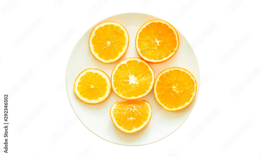 Fresh oranges cut in slice isolated on white background. Healthy food. Fresh vitamins. Vegetarian. Fresh oranges cut in slice isolated on white background. Healthy food. Fresh vitamins. Vegetarian.