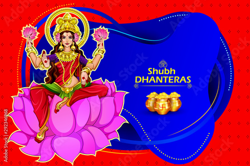 Illustration,Poster Or Banner Design For Indian Festival Of Dhanteras With Beautiful Goddess Maa Laxmi Take Shiny Golden Coin Pot On Decorated Background.Happy Diwali Holliday Of India © buzz illustrations