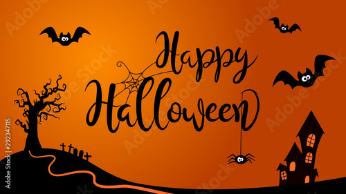 Happy Halloween creative lettering scene with cartoon style background.