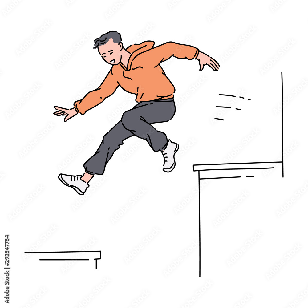 Parkour sportsman jumping from roof cartoon sketch vector illustration ...