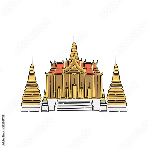 Buddhist temple building in Thailand vector cartoon sketch illustration isolated.