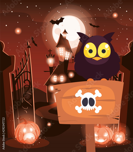 barn owl with moon in scene of halloween