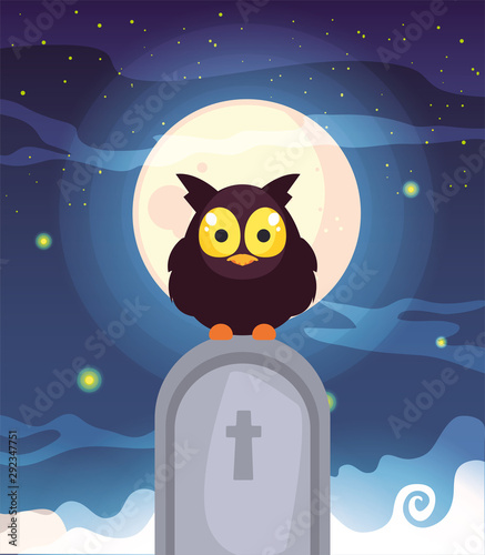 barn owl with moon in cemetery scene