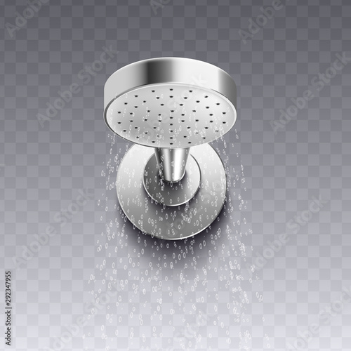 Modern wall mount shower head with round shape and realistic shiny metal surface