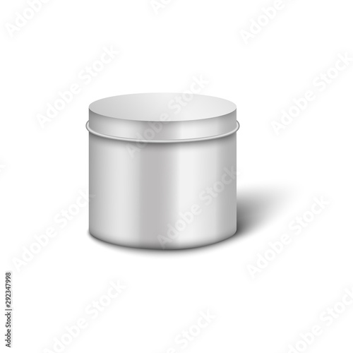 Metal cylinder jar mockup with round lid and realistic shiny silver texture