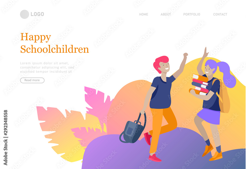 Landing page template with Happy school children joyfully jumping and laughing. Concept of happiness, gladness and fun. Vector illustration for banner - obrazy, fototapety, plakaty 