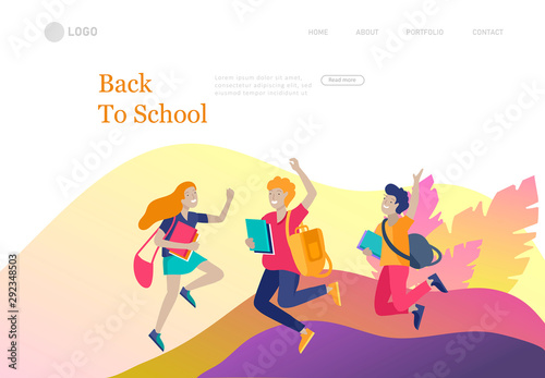 Landing page template with Happy school children joyfully jumping and laughing. Concept of happiness, gladness and fun. Vector illustration for banner