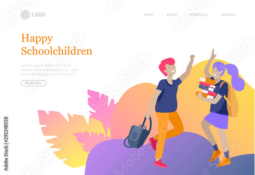 Landing page template with Happy school children joyfully jumping and laughing. Concept of happiness, gladness and fun. Vector illustration for banner