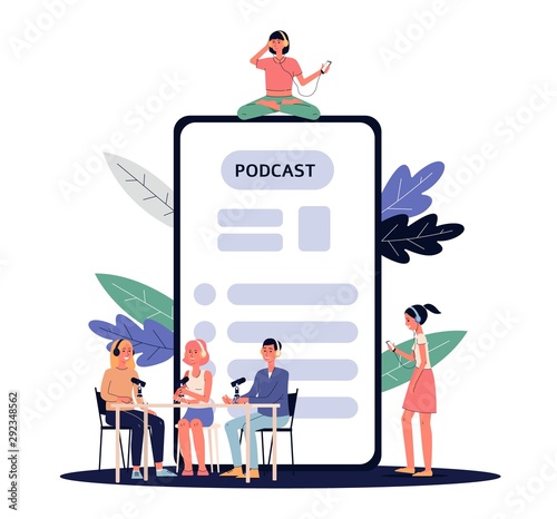 Broadcast and podcast with people on chat backdrop, flat vector illustration.
