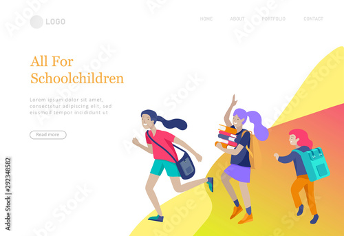 Landing page template with Happy school children joyfully jumping and laughing. Concept of happiness, gladness and fun. Vector illustration for banner