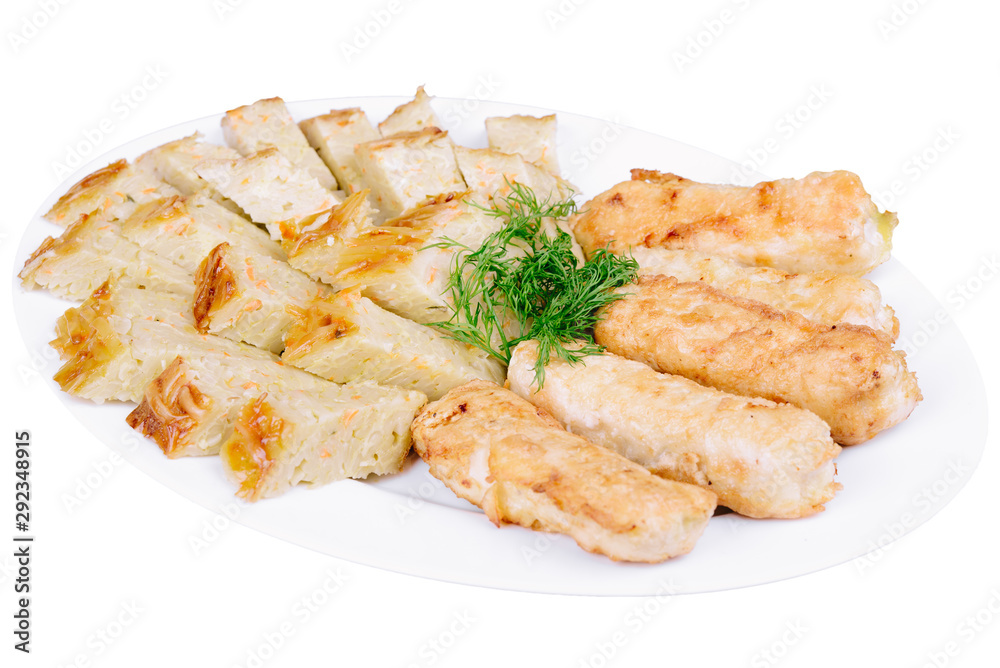 Sliced casserole with pasta with meat in a plate isolated Sliced casserole with pasta with meat in a plate isolated
