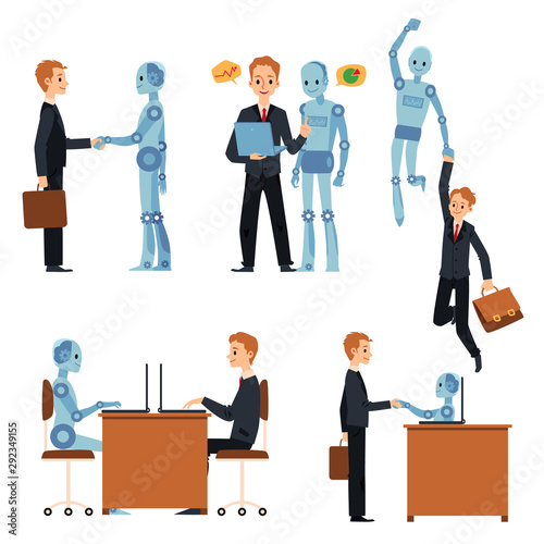Cartoon businessman and robot set - blue cyborg and businessman working together